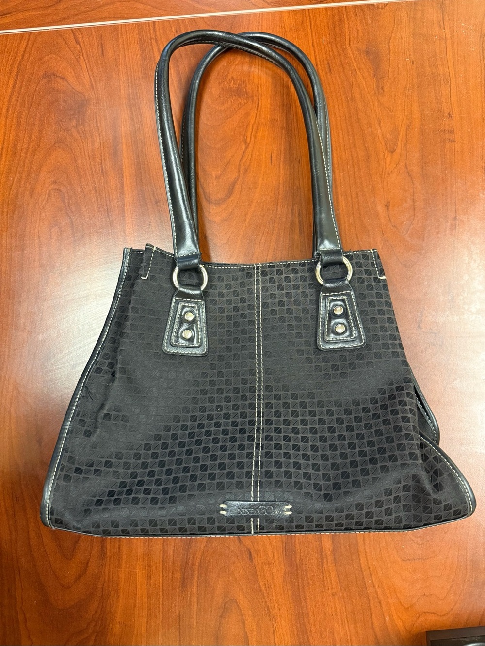 Nine & Co. Black Shoulder Tote with Subtle Geometric Pattern